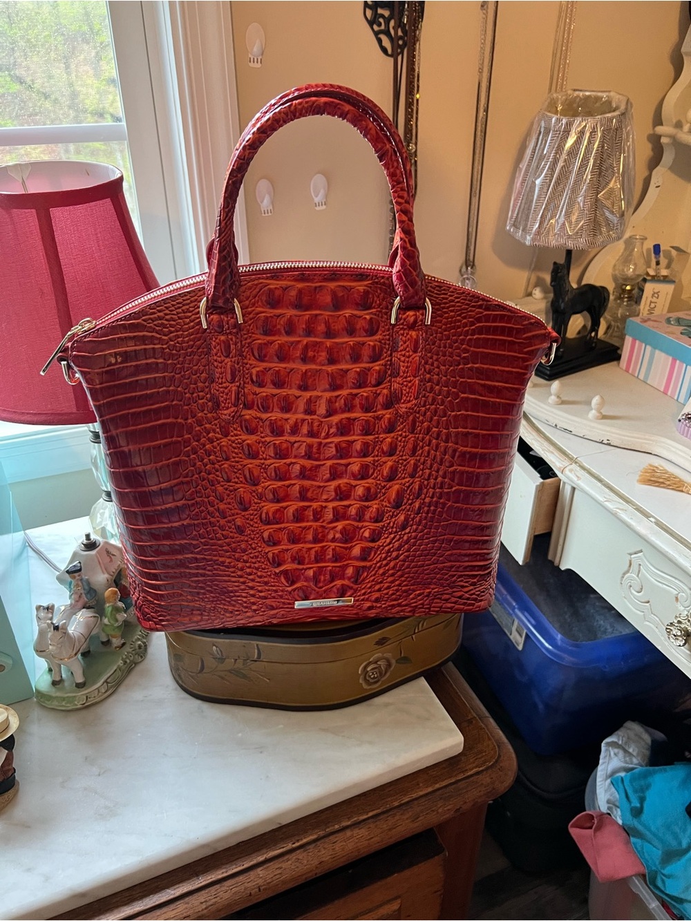 Brahmin Red Croc-Embossed Structured Tote